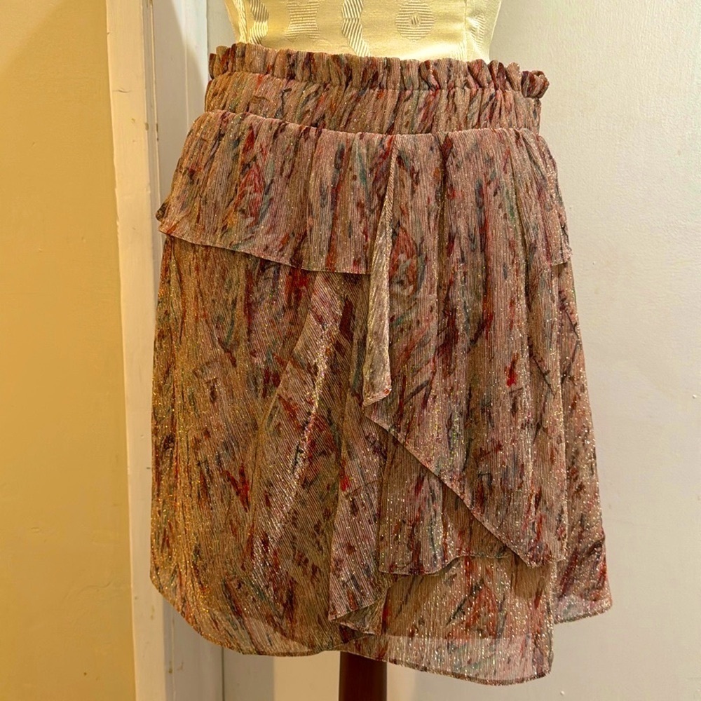 IRO Metallic Gold Threading Abstract Ruffled Lined Mini Skirt EU 38 US M
